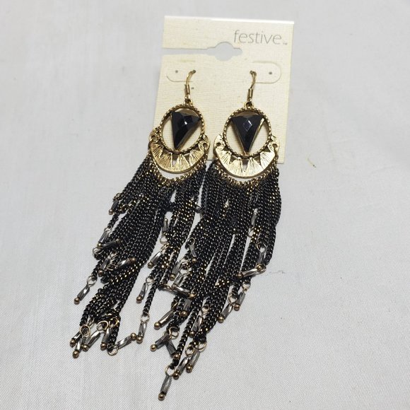 Festive Bohemian fashion black gold tassel fish hook earring - Picture 2 of 6
